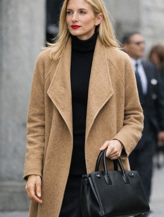 Tahari Jackets & Blazers - Tahari Camel Boiled Wool Open Coat | Draped Lapel Elegant Outerwear | Size M